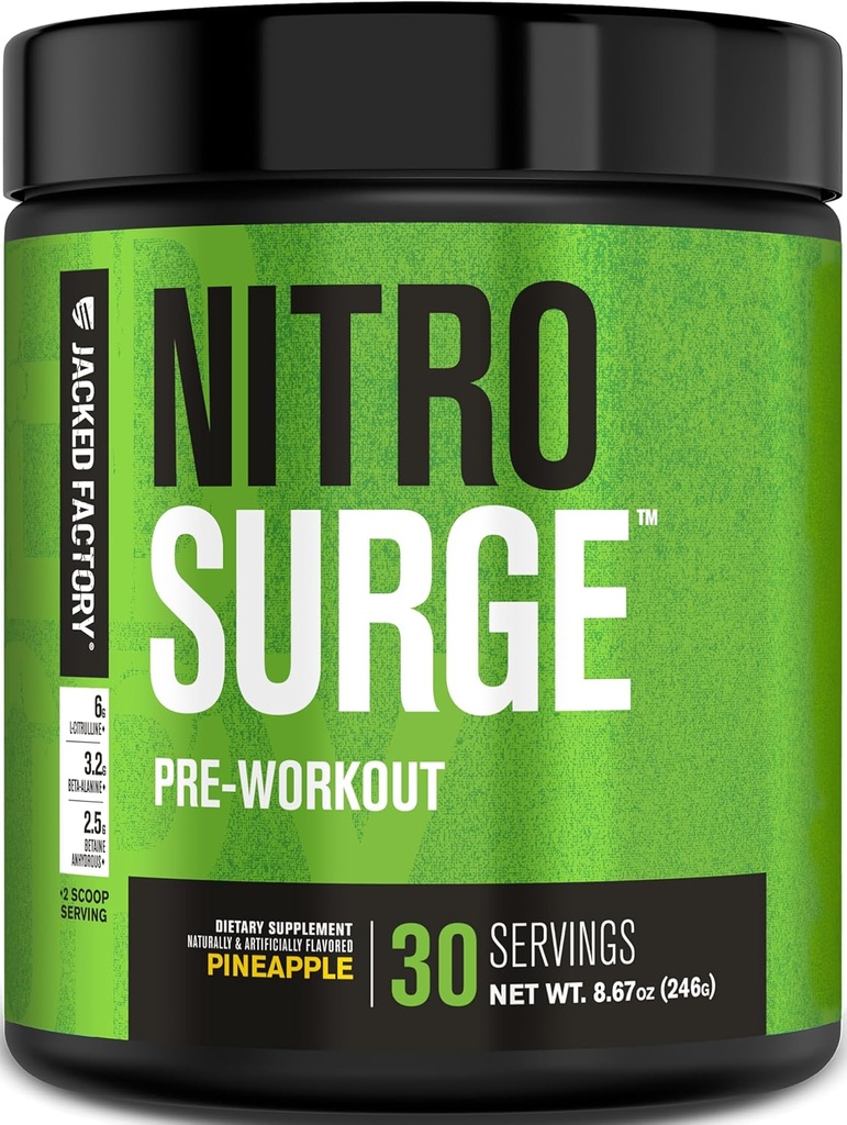 Jacked Factory NITROSURGE Pre Workout Supplement - Endeløs energi, Instant Strength Gains, Clear Focus, Intensive Pumper - NO Booster & kraftfuld Preworkout Energy Powder - 30 Servere, Ananas