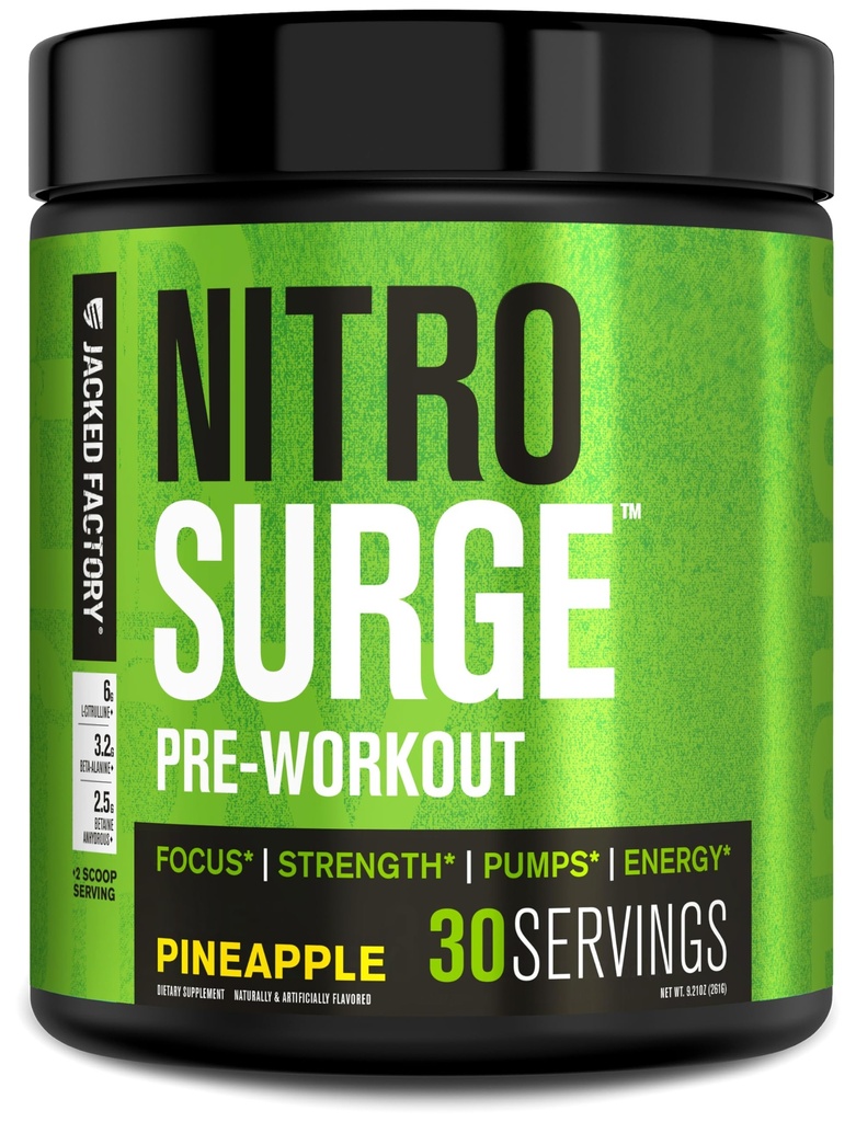 Jacked Factory NITROSURGE Pre Workout Supplement - Endless Energy, Instant Strength Gains, Clear Focus, Intense Pumps - NO Booster & Powerful Preworkout Energy Powder - 30 Servings, Pineapple