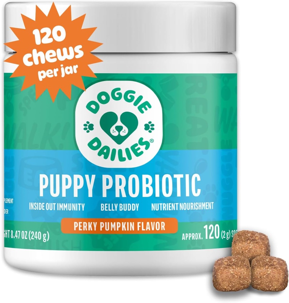 Doggie Dailies Puppy Probiotic, Probiotika til Puppies med fordøjelsesenzymer, fremmer fordøjelsessygdomme, understøtter immunsystem & samlet udvikling (Pumpkin) 120 bløde tykkere