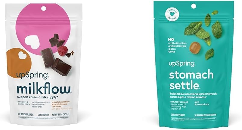 UpSpring Milkflow SoftChews, Amning Supplement med Bukkehorn & Velsignet Thistle + UpSpring Stomach Settle Drops til lejlighedsvis kvalme Relief / Upset Mave med Ginger, Lemon, Spearmint, og B6.