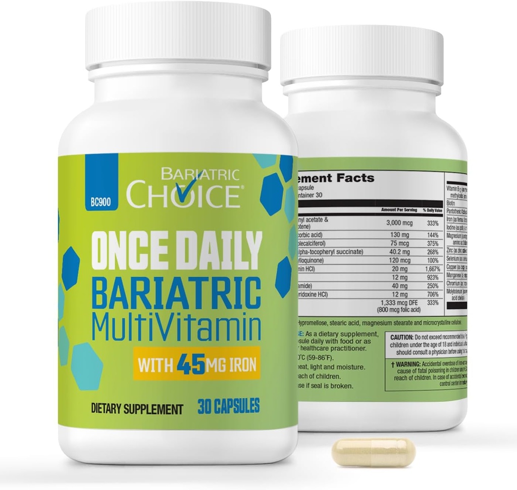 Bariatric Choice Once-Daily Bariatric Multivitamin with 45 mg of Iron | Easy to Swallow Capsule | Vitamin for Bariatric Surgery Patients | 30 Count (1-Month Supply)