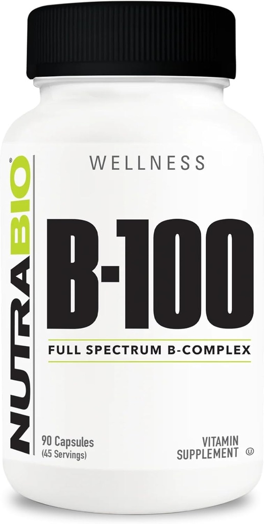 NutraBio B- 100, B Vitamin Complex, immunsystem support, sundt hår, hud, negle, 90 vegetabilske kapsler
