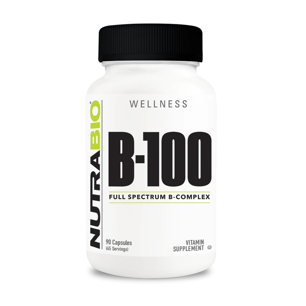 NutraBio B- 100, B Vitamin Complex, immunsystem support, sundt hår, hud, negle, 90 vegetabilske kapsler