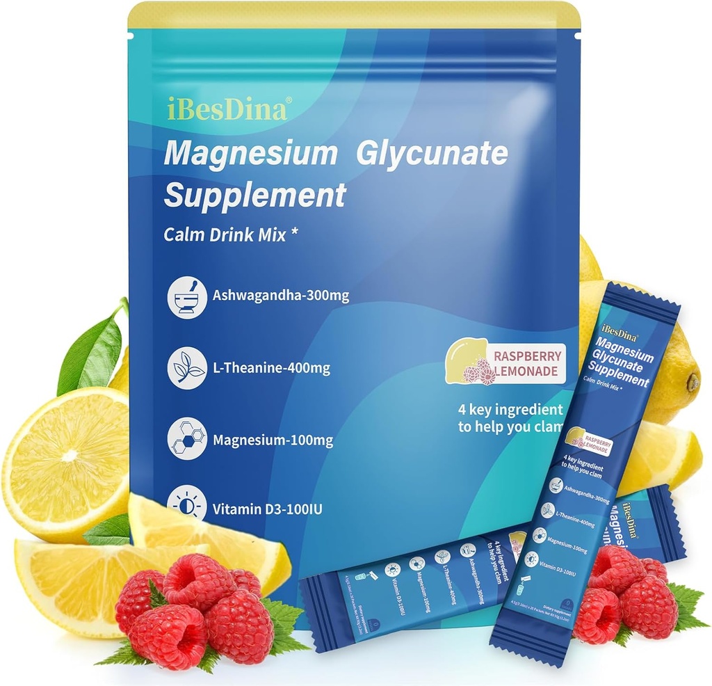 Cortisol Kosttilskud til kvinder, Calm Drink Mix, Magnesium Glycinat, Ksm- 66 Ashwagandha, D-vitamin 3, 20 On the Go Packets, Raspberry Lemonade, Kosttilskud til afslapning søvn