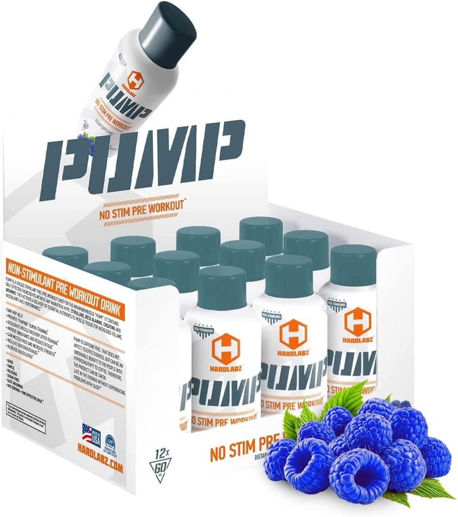 HARDLABZ PUMP - Non- Stimulant Koffein Free Powerful Pre- Workout Energy Shot med Citrullin, Beta- Alanin, Creatin, Arginin for Styrke og Stamina, Zero Sugar, 2oz - 12 Pack