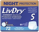 LivDry Adult S Incontinence Underwear, Overnight Comfort Absorbency, Leak Protection, Small, 72-Pack