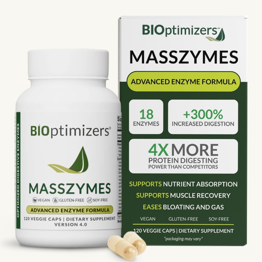 BIOptimizer MassZymes - Komplet fordøjelsesenzymer supplement til Gut Health - Bloating Relief for mænd og kvinder - Lipase Amylase Bromelain fordøjelsesenzymer (120 kapsler)