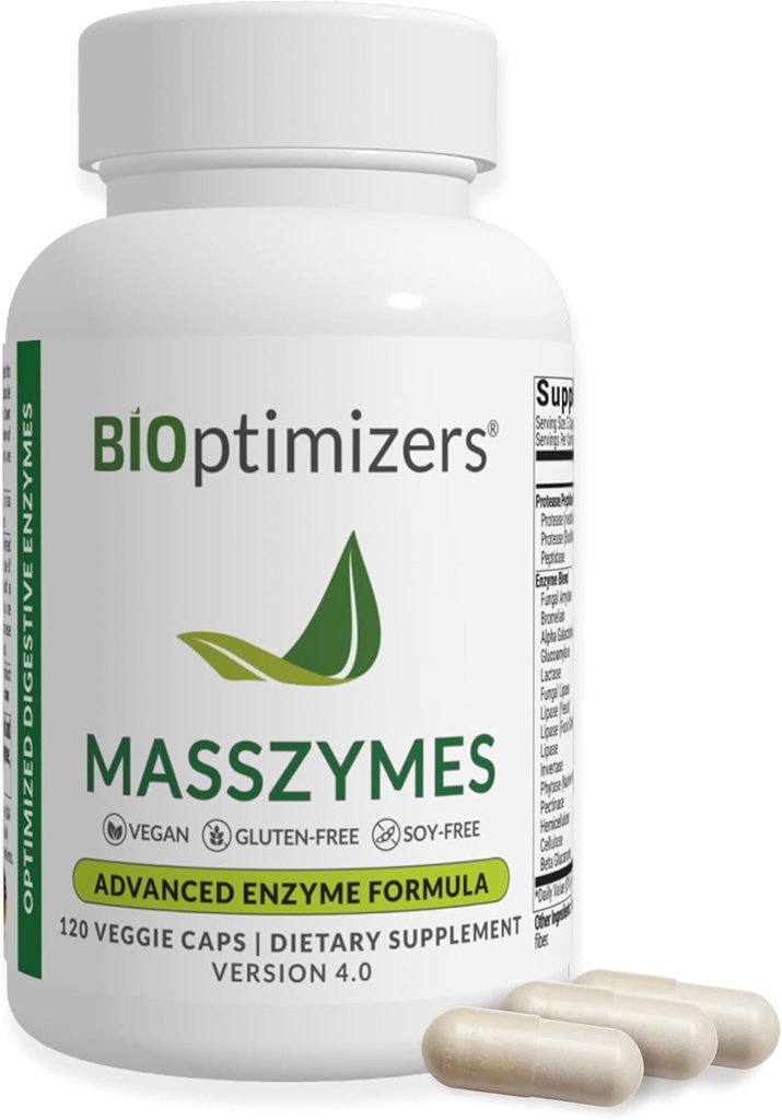 BIOptimizer MassZymes - Komplet fordøjelsesenzymer supplement til Gut Health - Bloating Relief for mænd og kvinder - Lipase Amylase Bromelain fordøjelsesenzymer (120 kapsler)