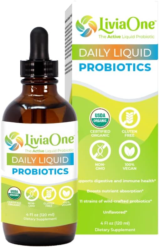 LiviaOne Daily Liquid Probiotika, USDA- Certified Organic Probiotika, Allergen- og Gluten- Free Vegan Probiotic for Women and Men, Non- GMO and Raw, 4 Fl Oz (Pack of 1)