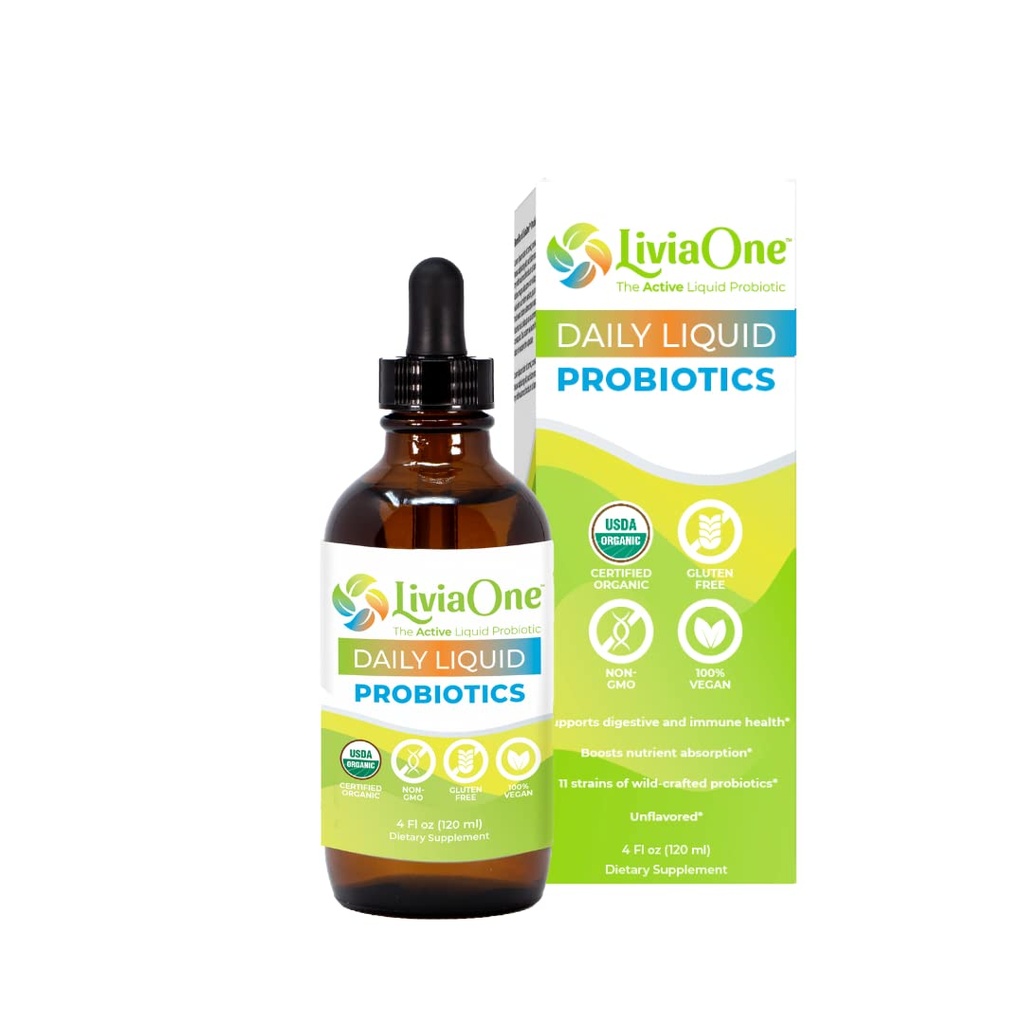 LiviaOne Daily Liquid Probiotika, USDA- Certified Organic Probiotika, Allergen- og Gluten- Free Vegan Probiotic for Women and Men, Non- GMO and Raw, 4 Fl Oz (Pack of 1)