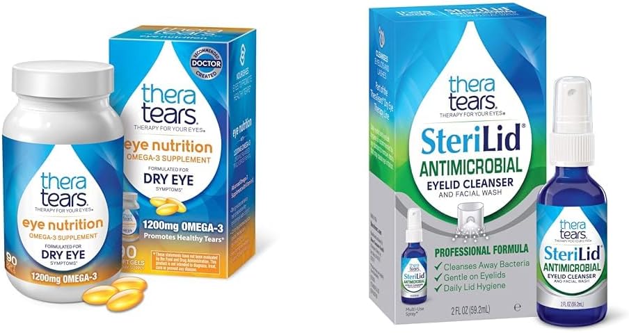 TheraTears Omega 3 Supplement, 1200mg, 90 ct (pakke med 1) & SteriLid Eyelid Cleaner og Ansigtsvask, for irriterede øjne, 2 fl oz Spray