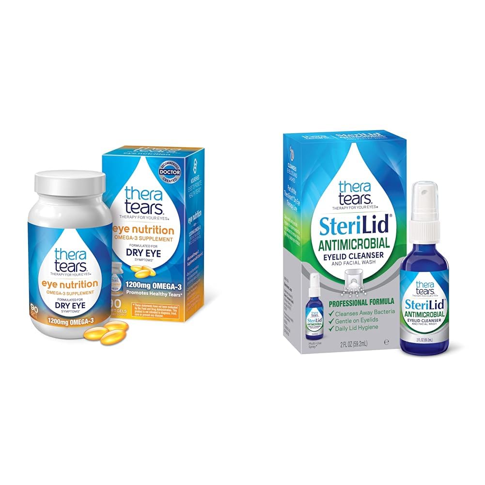 TheraTears Omega 3 Supplement, 1200mg, 90 ct (pakke med 1) & SteriLid Eyelid Cleaner og Ansigtsvask, for irriterede øjne, 2 fl oz Spray