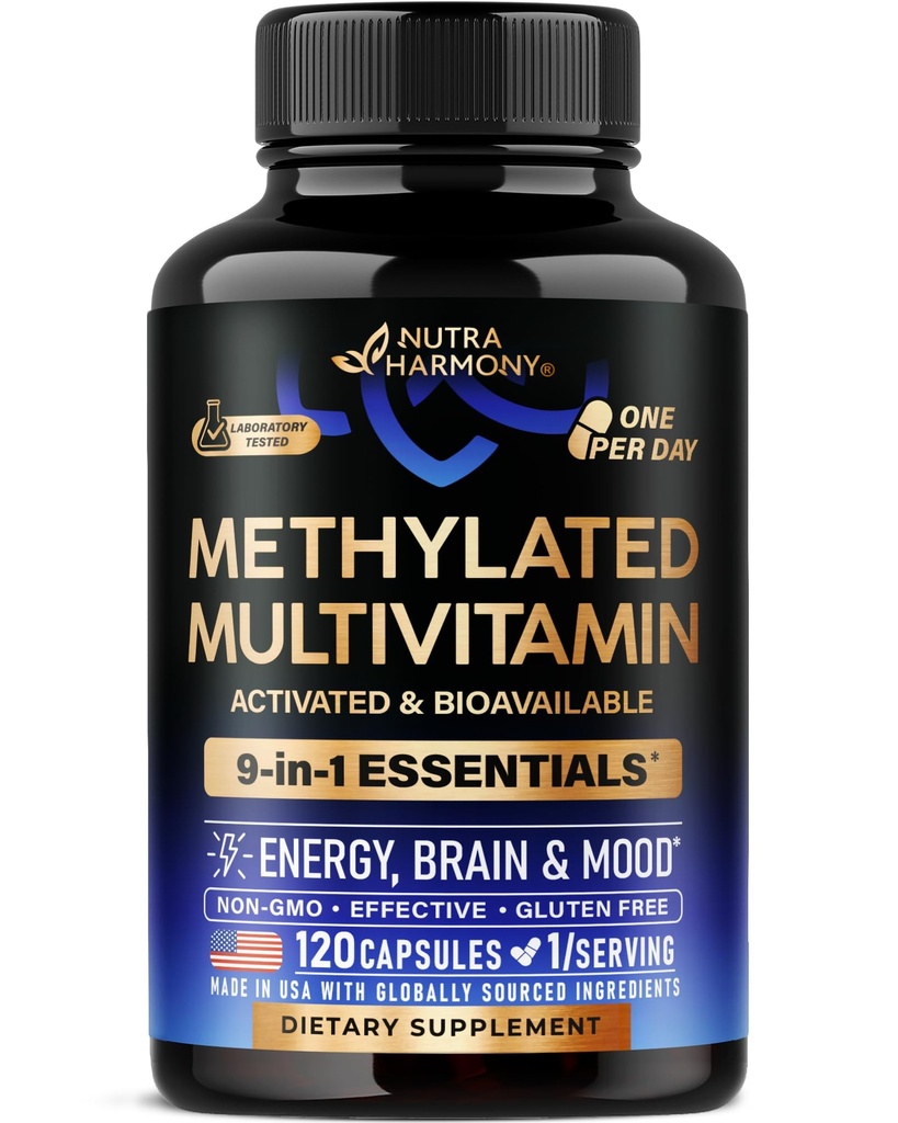 Methylerede Multivitamin - B2, B6, 5-MTHF & B12; Antioxidanter C & E; 124; D3- vitamin & K2 - til mænd og kvinder - 9-1- MTHFR Supplement med TMG - Energi, Brain & Mood - Vegan - Made in USA - 120 Kapsler