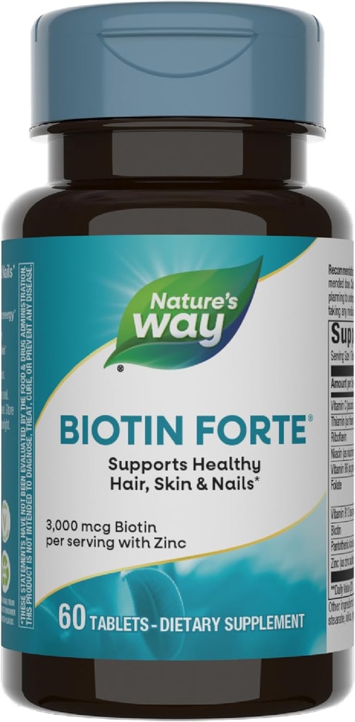 Naturens måde Biotin Forte, understøtter sundt hår og hud *, energi og nerve funktion *, 60 tabletter