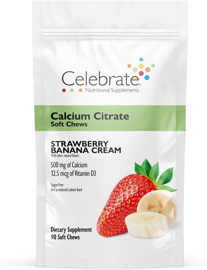 Celebrate Vitamin Bariatric 500 mg Calcium Citrate Soft Chews med 500 IE D3 Vitamin - Essential for Gastric Bypass Patienter & Knoglesundhed - Sukker & Gluten Free, Strawberry Banana Cream (90 Chews)
