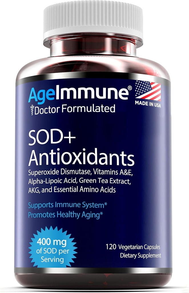 Antioxidanter Complex Sund Aging Supplement - 400mg Superoxide Dismutase - Alpha Lipoic Acid - Green Tea Extract - L- Arginin - Lysin - AKG - Vitamin A og E til immunsupport- 120 kapsler