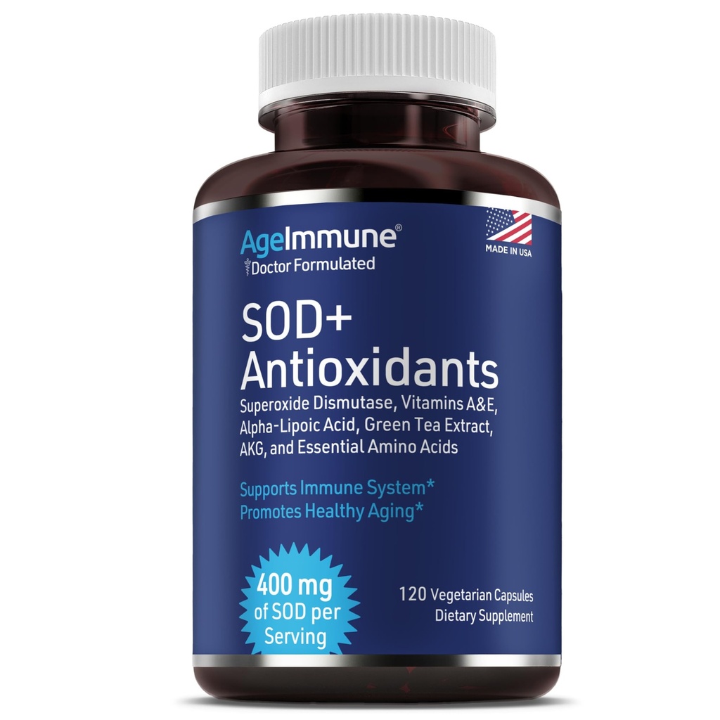 Antioxidanter Complex Sund Aging Supplement - 400mg Superoxide Dismutase - Alpha Lipoic Acid - Green Tea Extract - L- Arginin - Lysin - AKG - Vitamin A og E til immunsupport- 120 kapsler