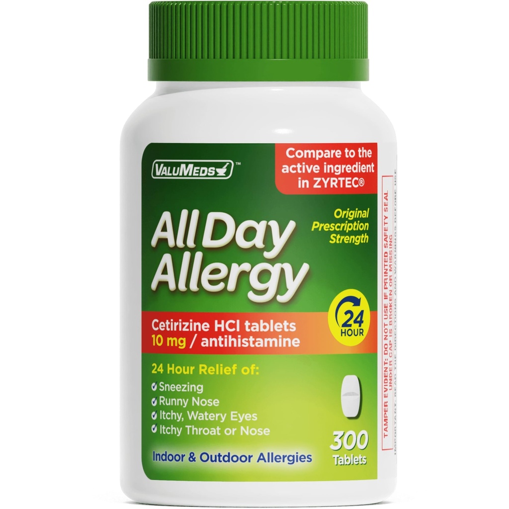 ValuMeds 24- timers allergimedicin Antihistamin til Pollen, Hay Fever, Tør, Itchy Eyes, Allergier 124; Cetirizin HCl 10mg kapsler, Sammenlign med førende mærke (300 Greve)