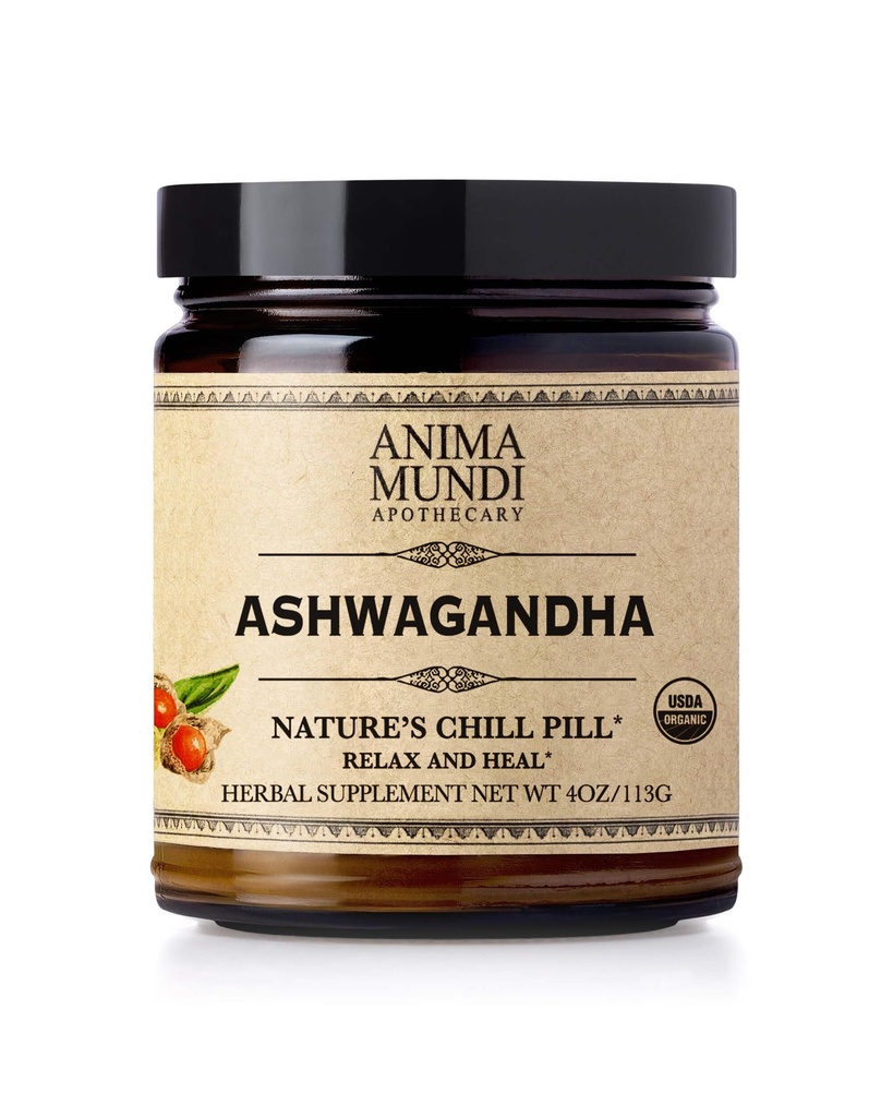 Anima Mundi Ashwagandha Powder - Økologisk Ashwagandha Root Powder Sourced fra Indien - Almindeligt kendt som indisk Ginseng Root Powder - Calming Herbal supplement - Tilføj til te, kaffe & mere (4oz / 113g)