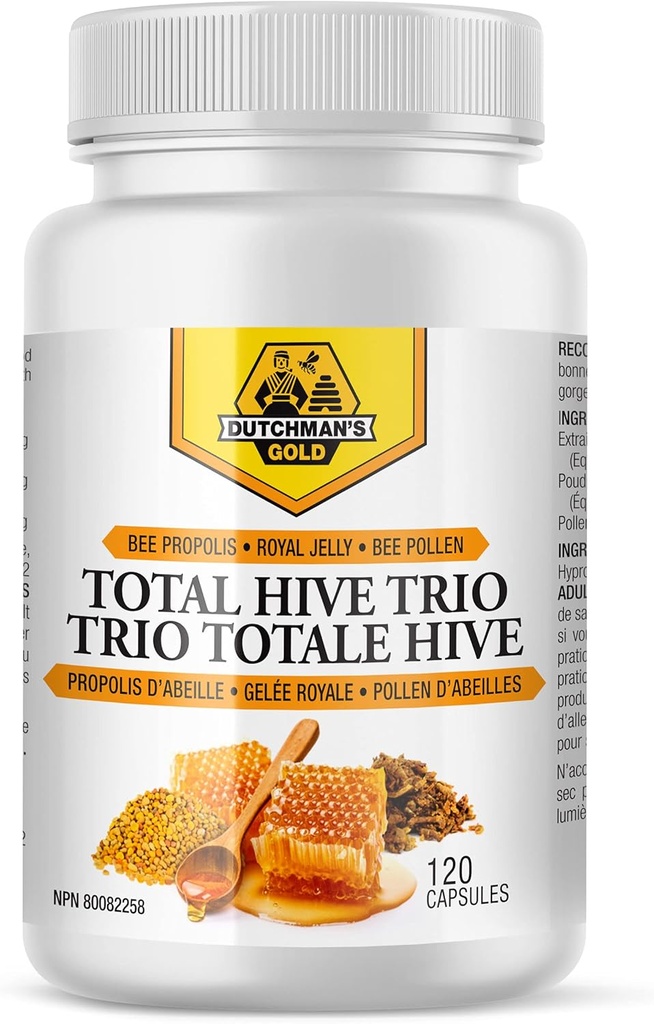 Hollænders guld alt Hive Trio kapsler - 120 Veg Caps Ca. 30- 60 Servering - Bee Pollen Royal Jelly & Propolis supplement - Superfood til antioxidant immunforsvar - Natural Honey Mix