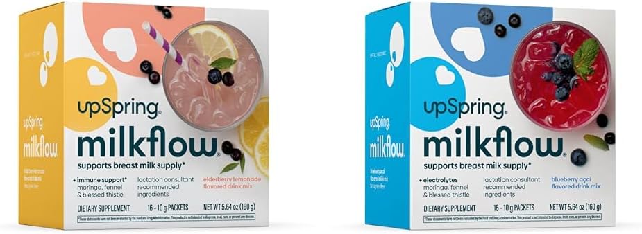UpSpring Milkflow Breastfeeding Supplement Drink Mixes | Fenugreek-Free | Moringa | Elderberry Lemonade & Blueberry Acai Flavors | Lactation Supplements*