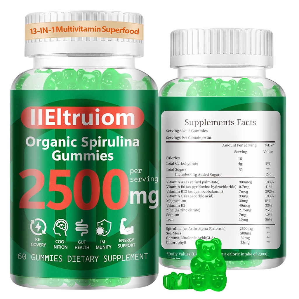 Organic Blue Spirulina Chlorella Gummies, 13- in-1 Super Greens & Superfoods, Spirulina 2500mg Forbedret daglig energi med Sea Moss, Chlorophyll, GLA, Gluten Free, 60 Vegan Gummies