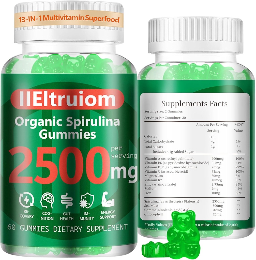 Organic Blue Spirulina Chlorella Gummies, 13- in-1 Super Greens & Superfoods, Spirulina 2500mg Forbedret daglig energi med Sea Moss, Chlorophyll, GLA, Gluten Free, 60 Vegan Gummies