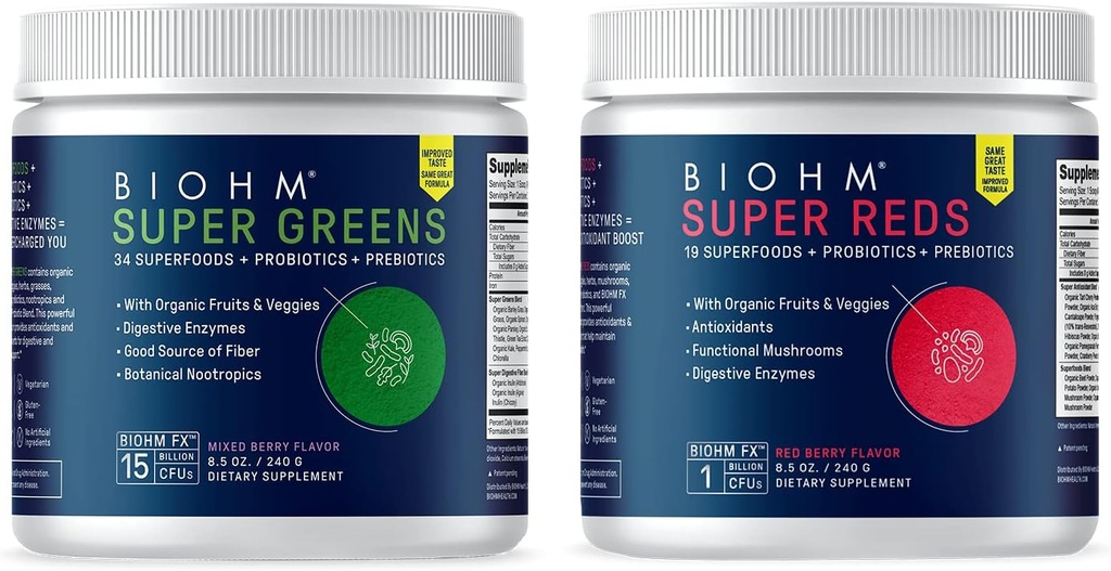 BIOHM Super Red and Greens Bundle, Superfood Powder med Probiotika og fordøjelsesenzymer, pakket med antioxidanter og polyphenoler, Allergen Free, Non- GMO, Vegan - 30 Servering Hver