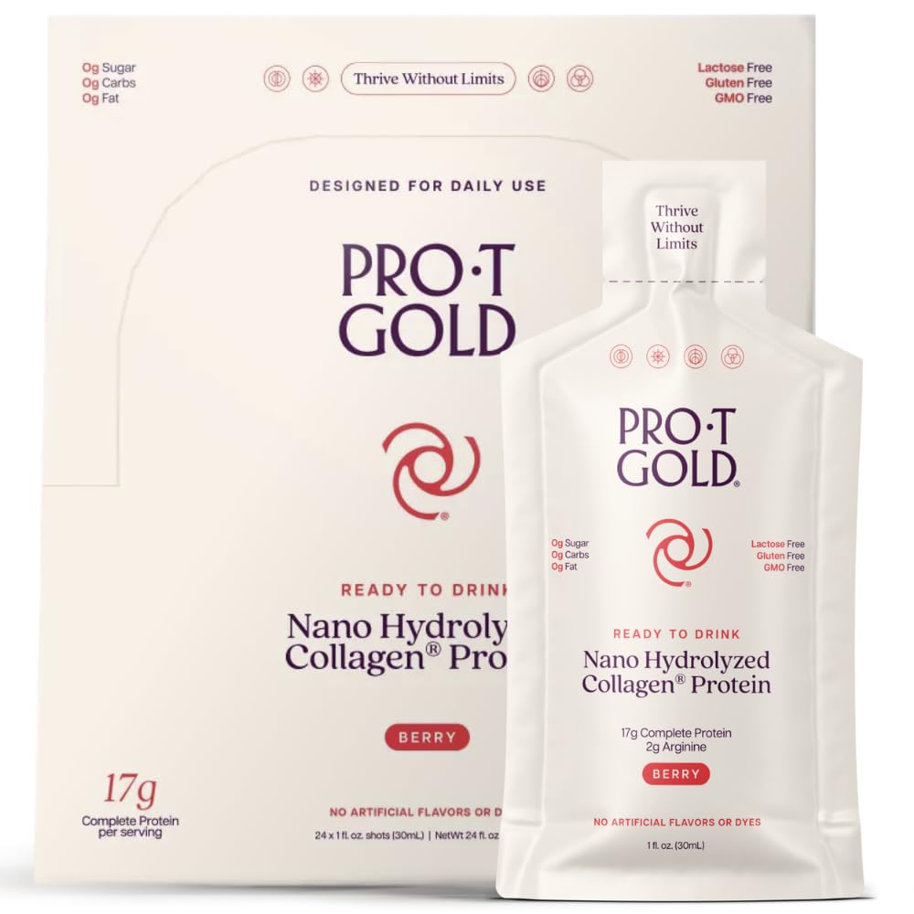 ProT Gold Liquid Collagen Protein Shot, 17g Clear Protein Nano- Hydrolyzed Grass Fed Collagen, 2g Arginin for Wound Support, Gluten Free, Sugar Free, 0g Carbs, Non GMO, Berry, 1 fl oz, 24 Pack