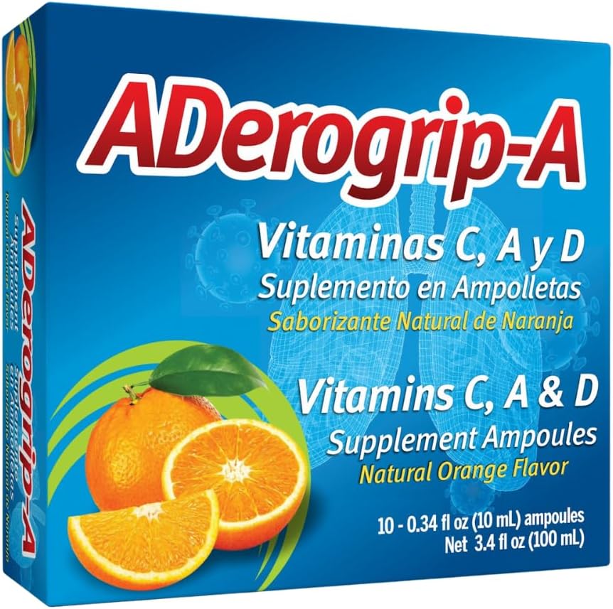 Aderogripa Immune Support Vitamins C, A & D | Liquid Supplement | 10 Natural Orange Flavor Ampoules | Boost Your Immune System | Box of 10 x 10ml Ampoules | Suplemento en Ampolletas