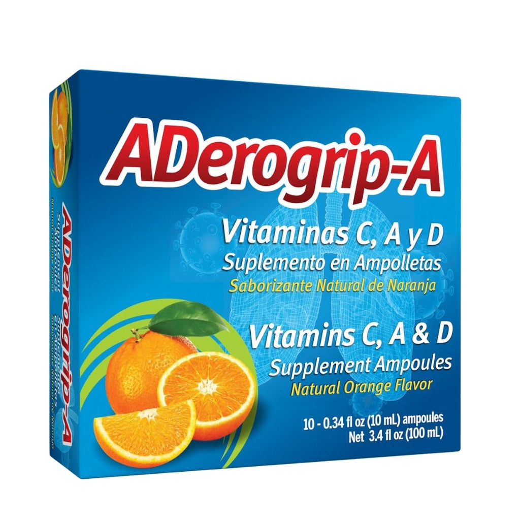 Aderogripa immunforsvar Vitaminer C, A & D; Flydende tillæg: 124; 10 Natural Orange Flavor Ampuller: 124; Boost din immunsystem: 124; Box med 10 x 10ml Ampuller: 124; Supplemento en Ampulletas