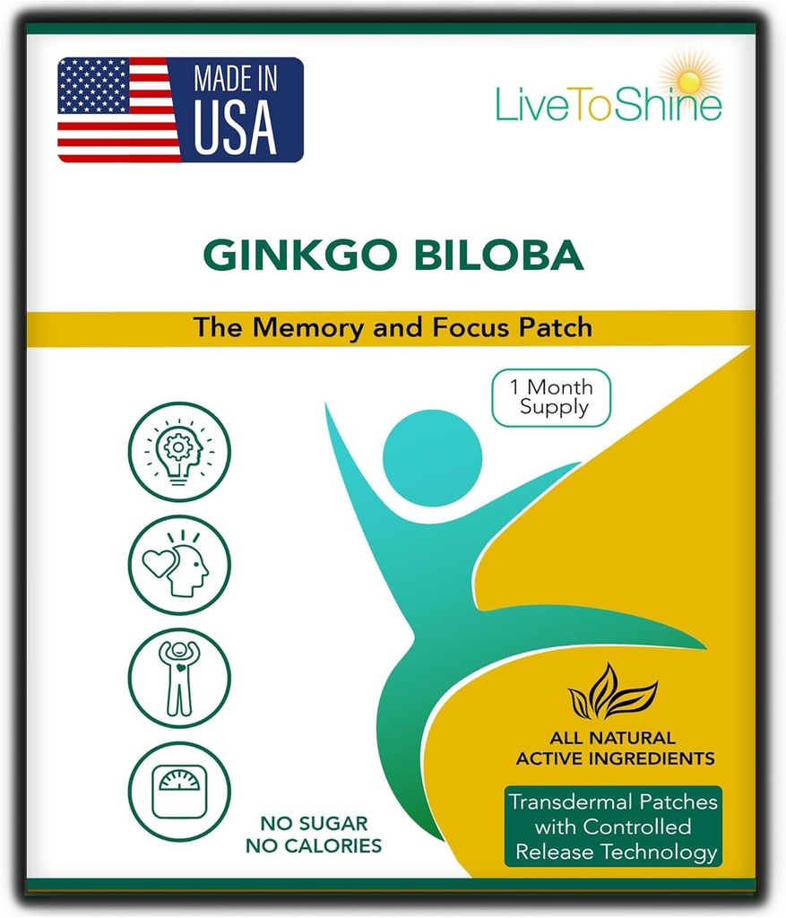 Live To Shine Ginkgo Biloba Patch - 30 Gingko Transdermal Patches - One Month Supply for Women and Men - USA Made