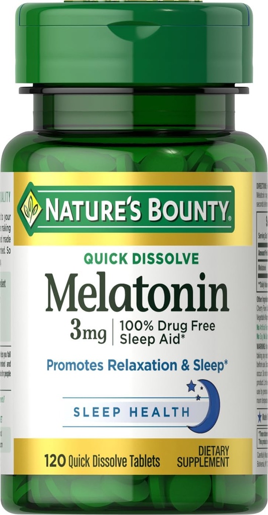 Naturens Bounty Melatonin, fremmer afslapning og søvn, 100% Drug Free Sleep Aid, 3 mg, 120 Quick Opløs tabletter
