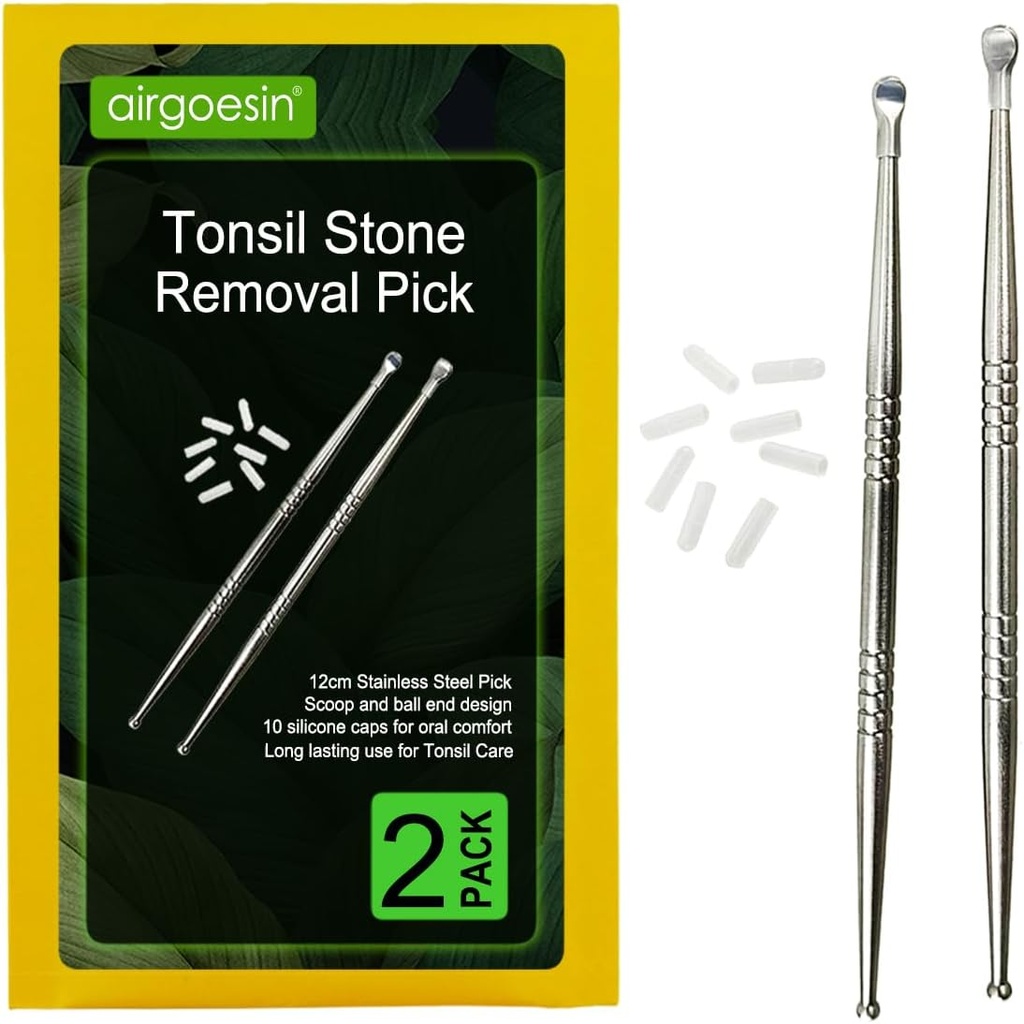 Airgoesin 2pcs Tonsil Stone Removal Pick Tonsillolith Premium værktøj Rustfrit stål Oral Cleaner med 10 Soft Silicone Caps