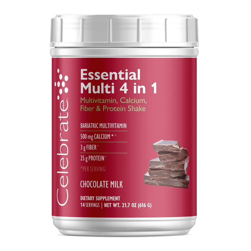 Fejre Vitamin Essential Multi 4- in-1 Powder - Bariatric Multivitamin, 500mg Calcium, 4g Fiber, 25g Protein Shake Mix - Chokolade Mælk (14 Servere)