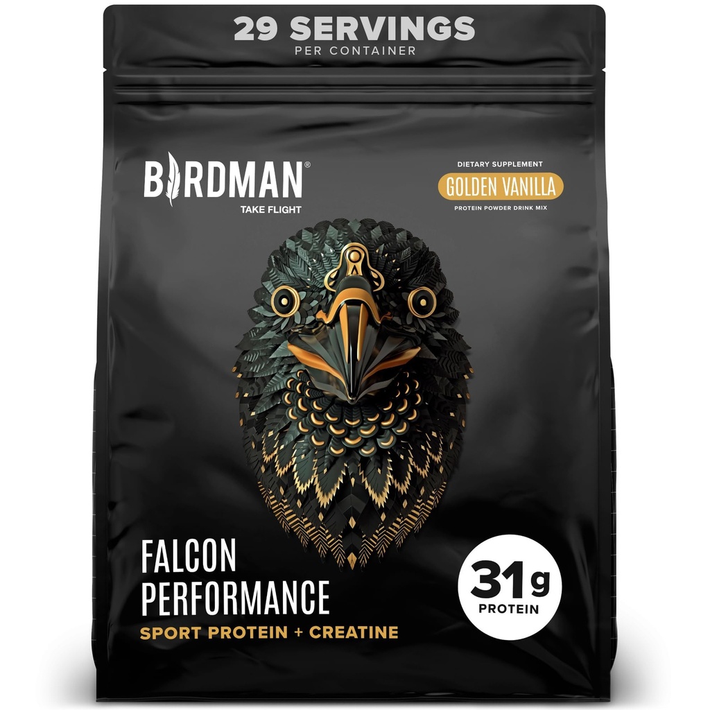 BIRDMAN Falcon Performance Vegan Protein Powder, 31g Protein, 5g Creatin, 5g BCAA, Probiotika, Electrolytes, Pre Workout, Low Carb, Sugar Free & Dairy Free, Plant Based Vanilla Protein, 29 Servere