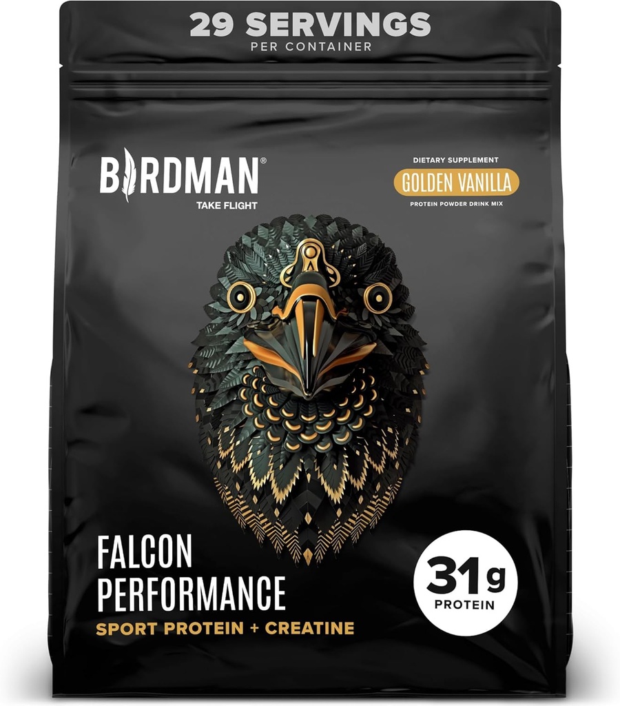 BIRDMAN Falcon Performance Vegan Protein Powder, 31g Protein, 5g Creatin, 5g BCAA, Probiotika, Electrolytes, Pre Workout, Low Carb, Sugar Free & Dairy Free, Plant Based Vanilla Protein, 29 Servere