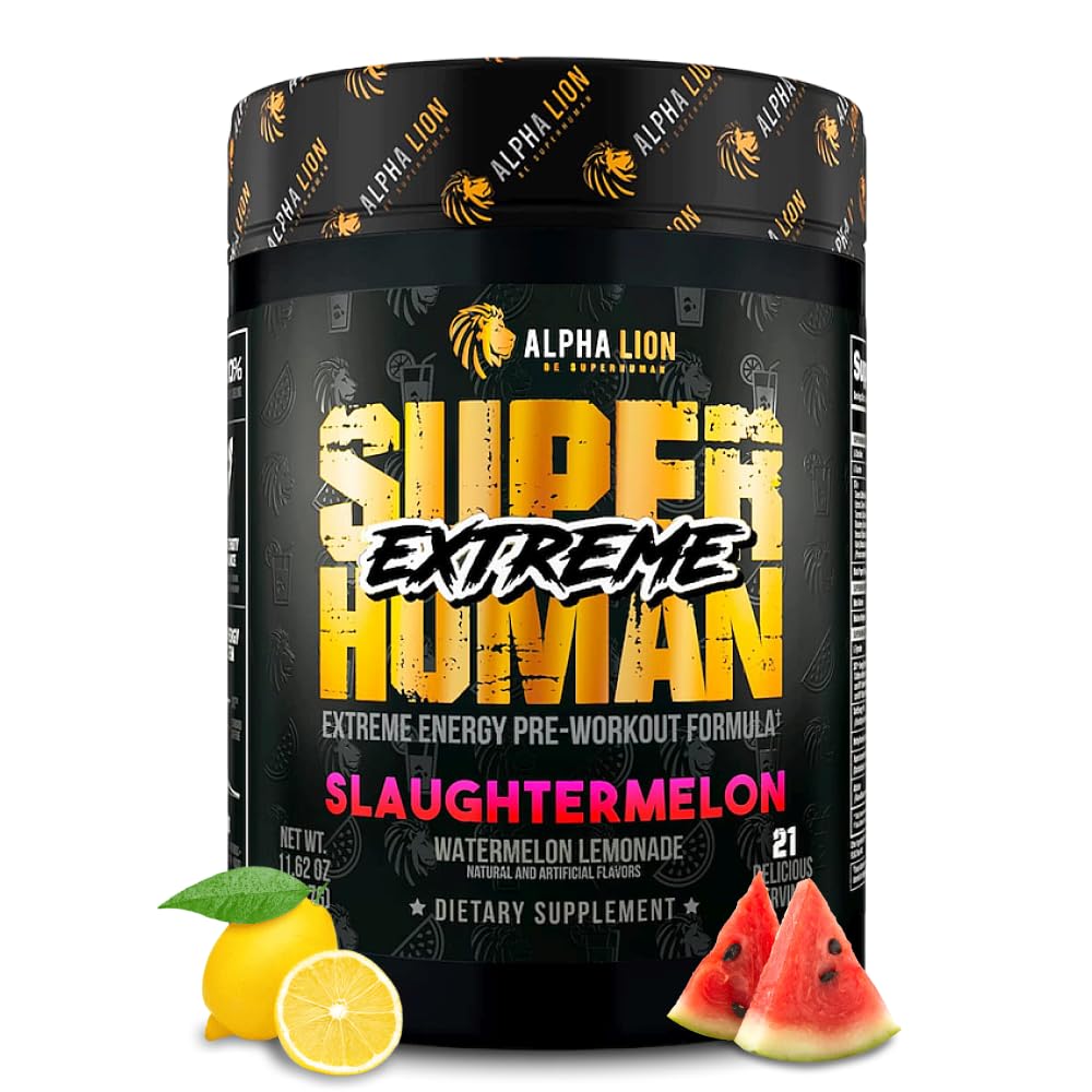 LION Superhuman Extreme High Stim Pre Workout Powder, Beta Alanine, L- Taurine & 356mg Tri- Source Coffein for Sustained Energy, Nitrogen Oxide & Citrulline for Pump (21 Serveringer, Slagtermelon)