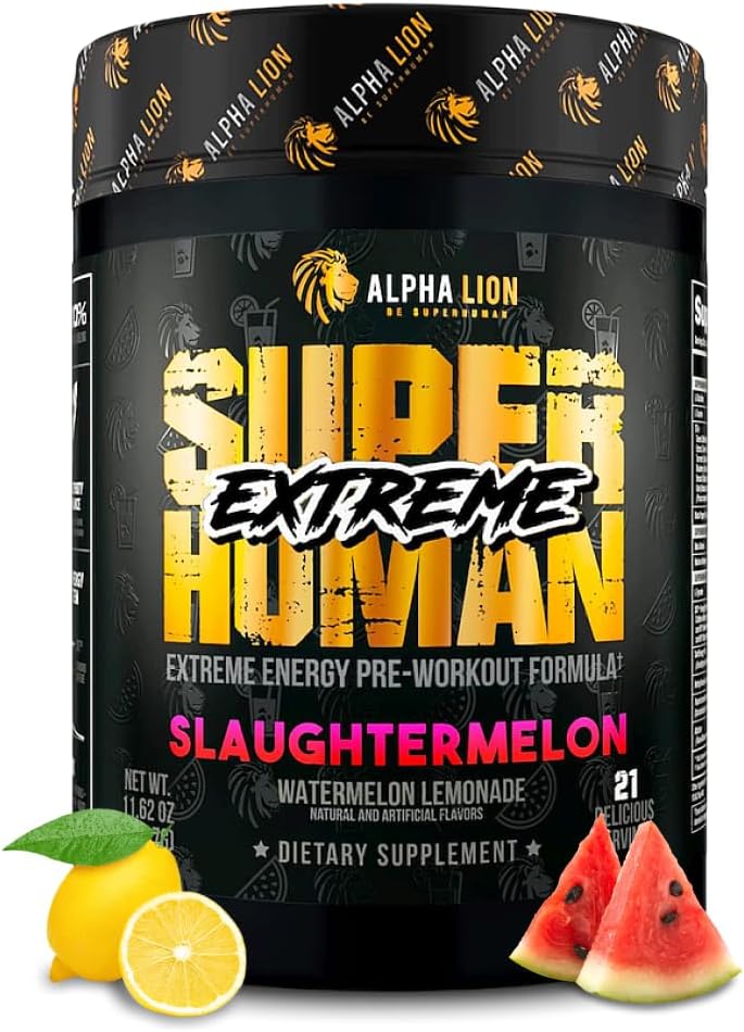 LION Superhuman Extreme High Stim Pre Workout Powder, Beta Alanine, L- Taurine & 356mg Tri- Source Coffein for Sustained Energy, Nitrogen Oxide & Citrulline for Pump (21 Serveringer, Slagtermelon)