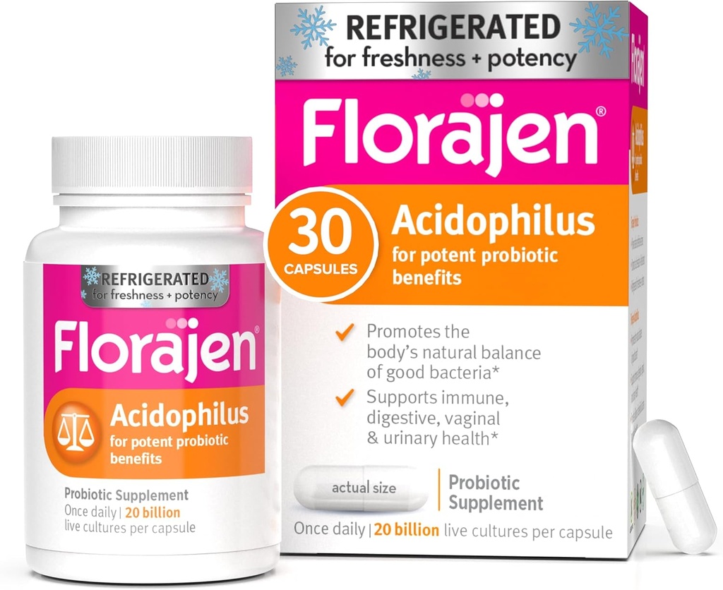Florajen Acidophilus Probiotika, Gut Health, Vaginal Health, og immunforsvar supplement, Forstoppelse og Bloating Relief for voksne, 30 kapsler (kølet)