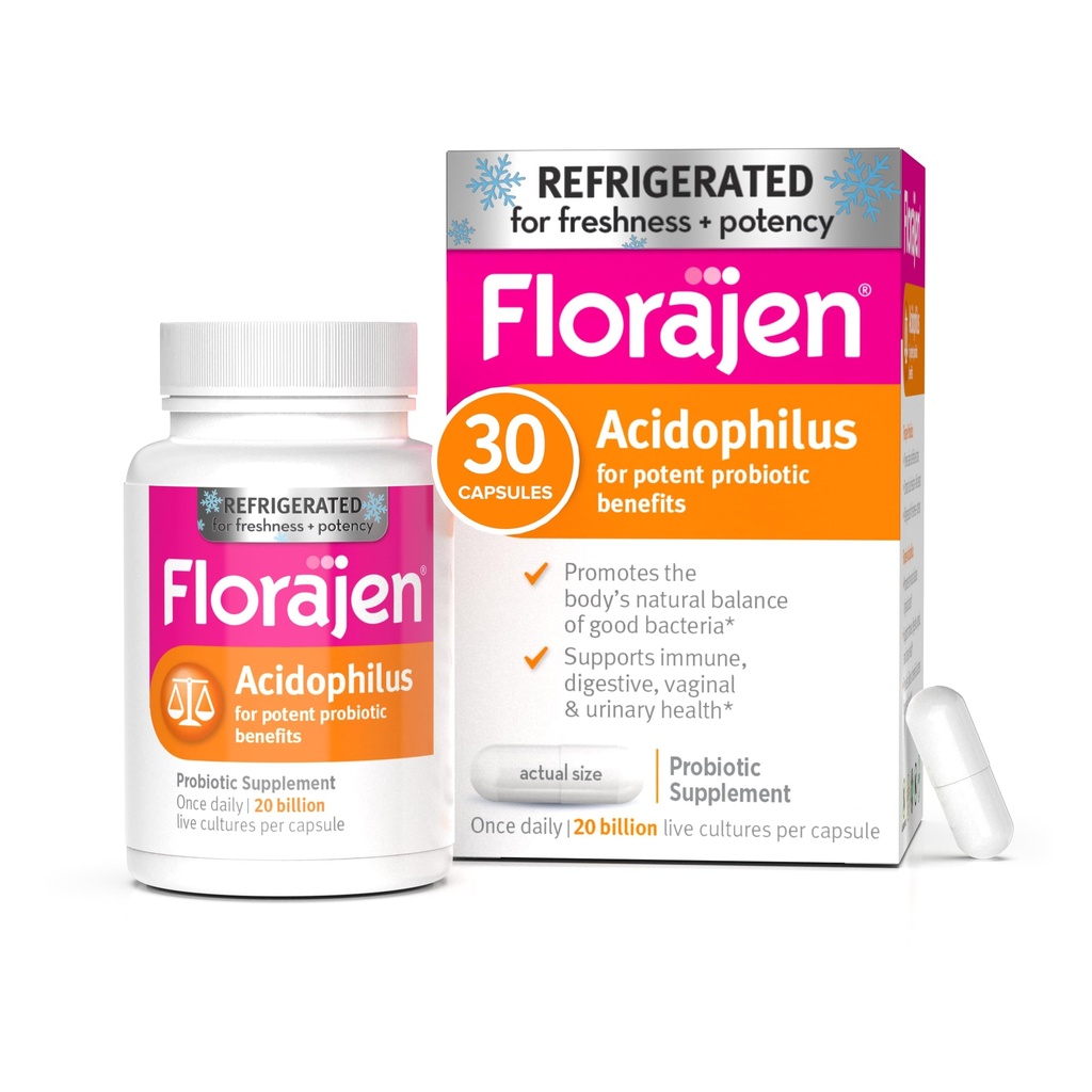Florajen Acidophilus Probiotika, Gut Health, Vaginal Health, og immunforsvar supplement, Forstoppelse og Bloating Relief for voksne, 30 kapsler (kølet)
