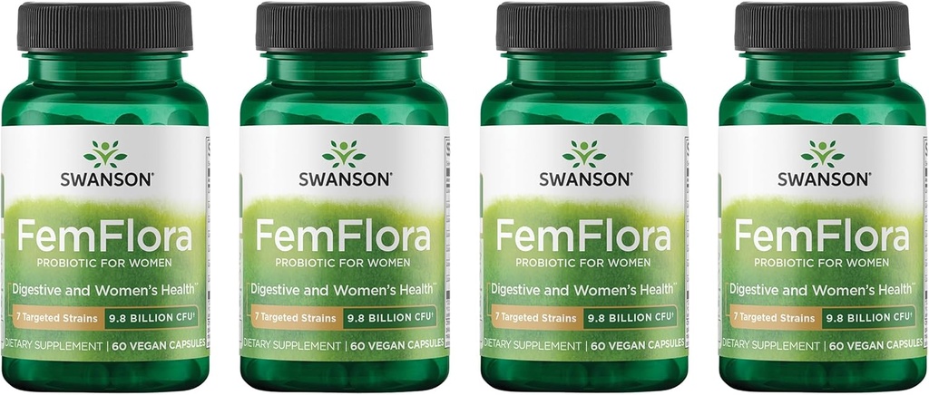 Swanson FemFlora - Feminin probiotisk supplement Support Flora of The Mouth, GI Tract og Vagina - Probiotika til kvinder med 9 milliarder CFU Per Capsule - (60 kapsler) (4 pakke)