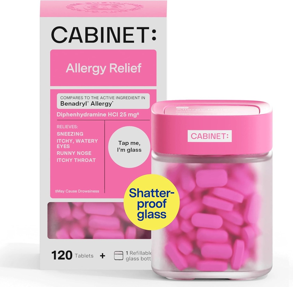 Kabinet: Diphenhydramin 25mg Allergy Relief Antihistamin Tablets for Allergier, Hay Fever, and Runny Nose, 120 Tablets (Refillable Glass Flaske)