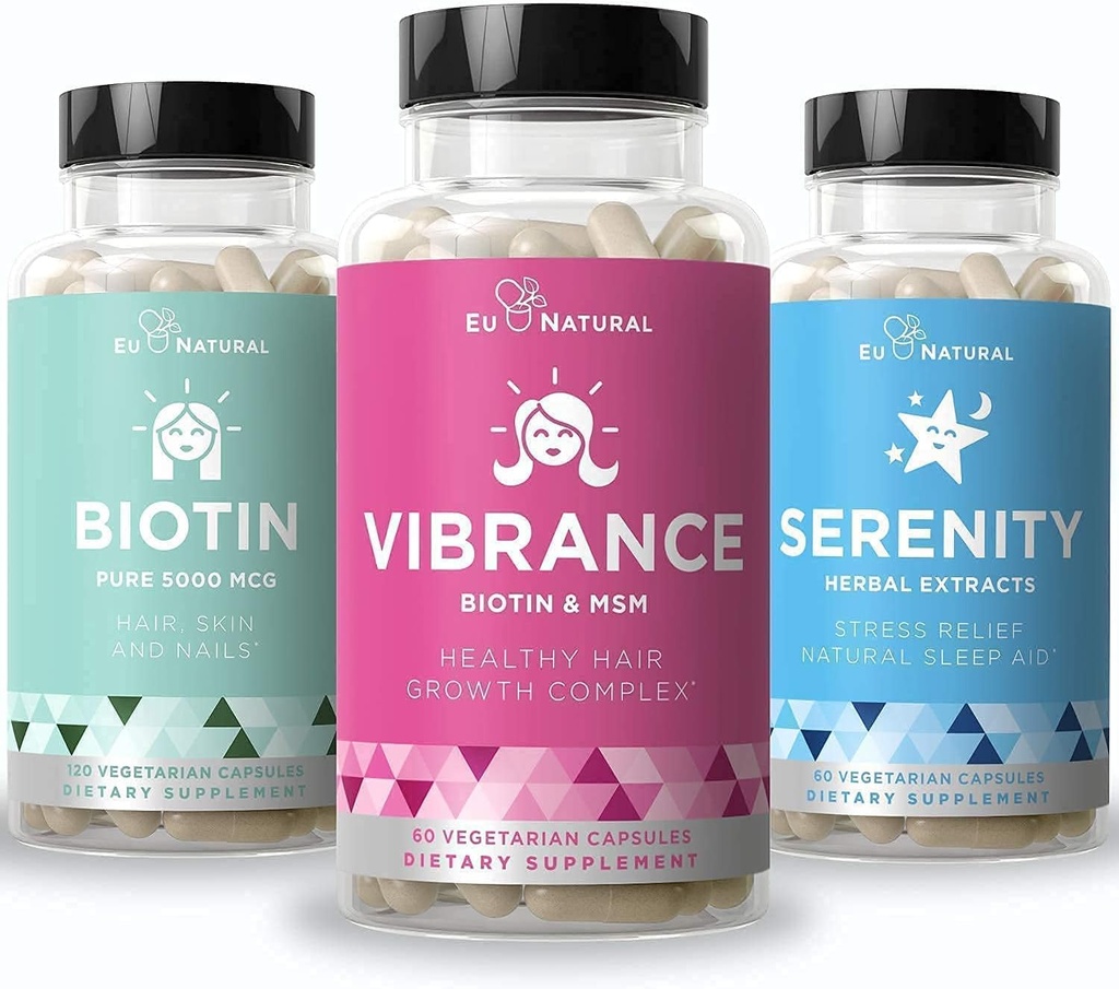 European Natural Beauty Bundle - Vibrance Bundle med biotin & sindsro for sundere hårvækst, stærkere negle, glødende hud