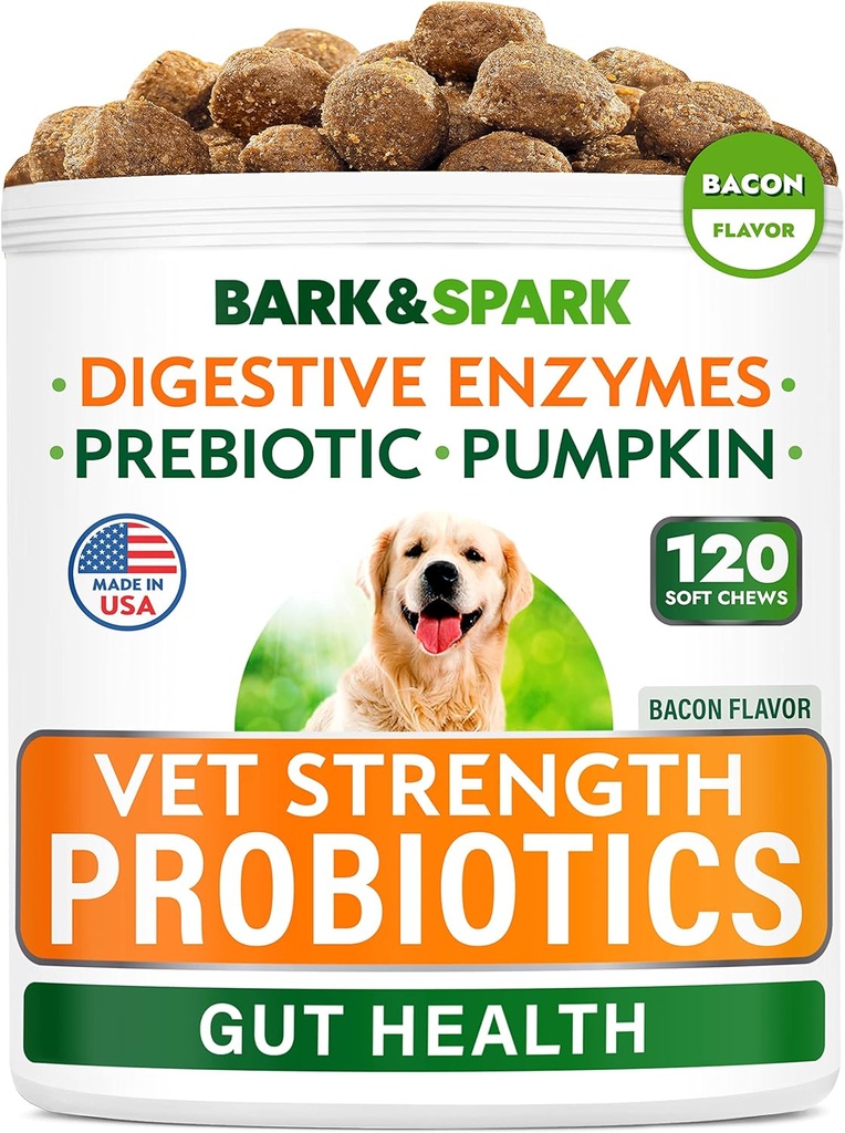 BARK & SPARK Vet Strength Dog Probiotika Chews - Gas, Diarré, Allergi, Forstoppelse, Opsat Mave Relief, med fordøjelsesfremmende enzymer + Pumpkin + Prebiotika - Chewable Fiber Supplement - 100ct - Bacon