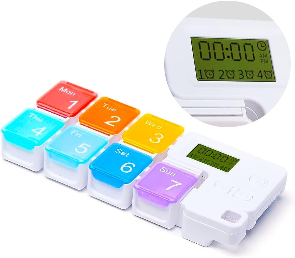 7 Dag Medicin Pill Organizer, 4 Reminder Alarmer, Kraftig lyd, 7 store afdelinger, Stor skærm, Fugt-Bevis, Dust- Bevis, Rejser Weekly / Daily Pill Box / Organizer / Case / Container / Dispenser, TBSoon