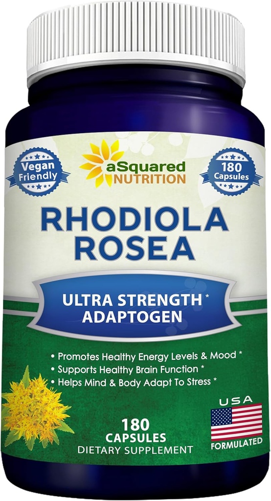 aSquared Nutrition Rhodiola Rosea Supplement 1000mg - 180 Vegankapsler - Max Strength Rhodiola Root Extract Pills Forbedre ren energi, hjerne funktion & stress Relief -Golden Root Herb Powder Tablets