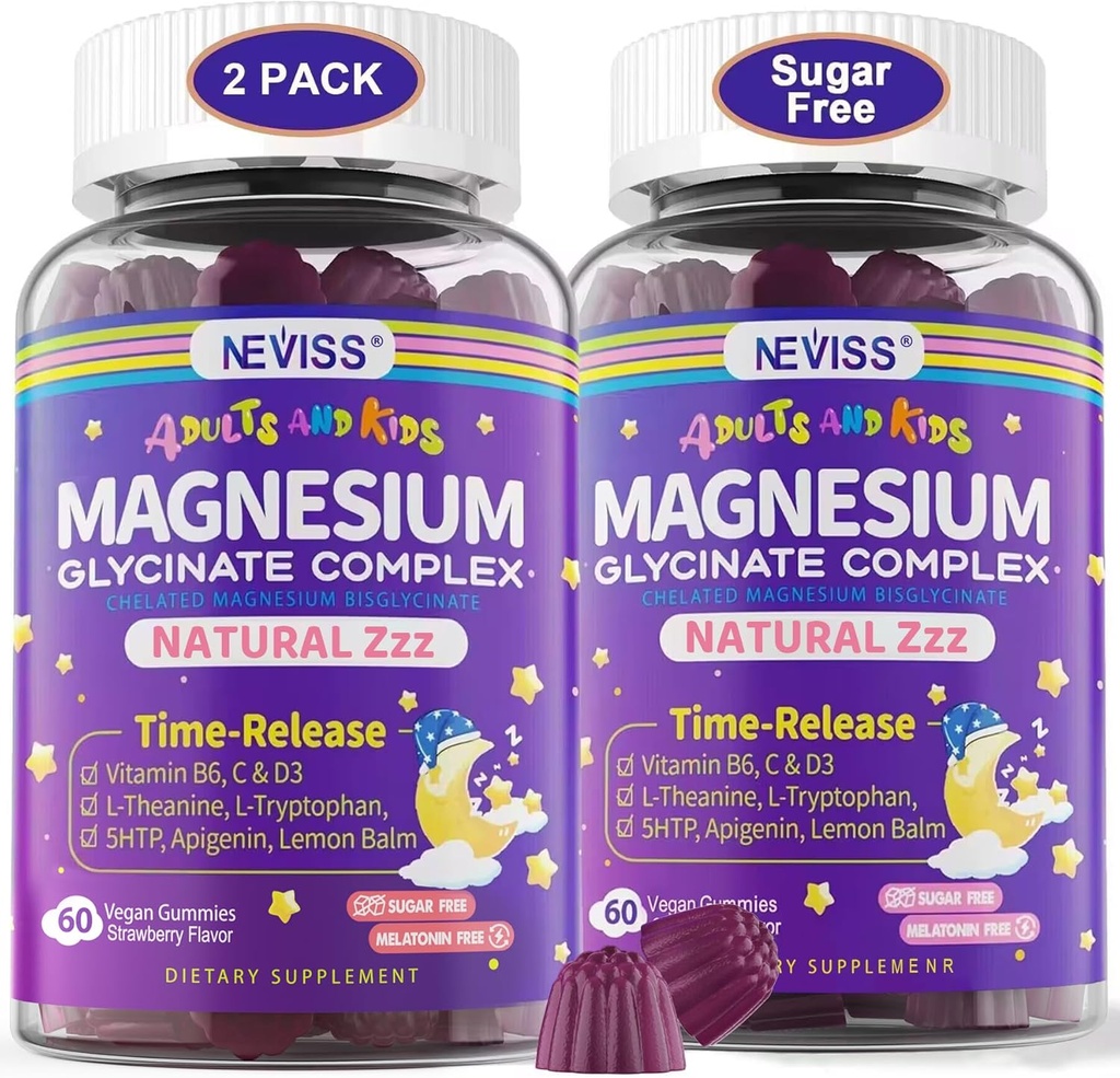 Magnesium Glycinat Gummies for voksne & Børn 4 +, Sugar Free Magnesium Bisglycinate Supplement 400 / 200mg med B6D3, 5HTP, L- Theanin for dovine & relaxation, Brain, Muscle, Melatonin Free Gummies, 2Pack