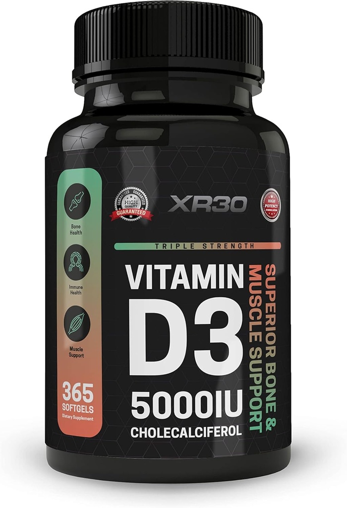 D3 5000IE Cholecalciferol - Superior Bone & Muscle Support - 365 Softgels - Made in USA