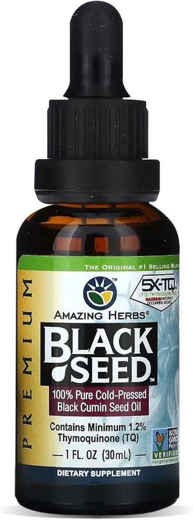 Amazing Herbs Premium Black Seed Oil - Cold Pressed Nigella Sativa aids i fordøjelsessygdomme, immunforsvar, hjernefunktion, fælles mobilitet, Gluten Free, Non GMO - 1 Fl Oz